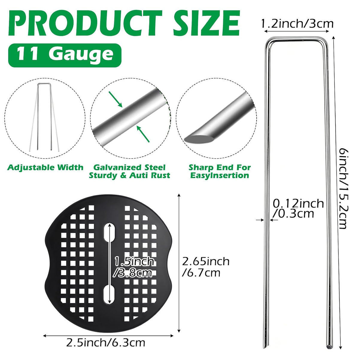 200 Pack Landscape Staples and 200 Pack Gaskets, 11 Gauge 6in Galvanized Steel Garden Staples with Black Pad for Landscape Fabric Supplies for Weed Barrier Fabric