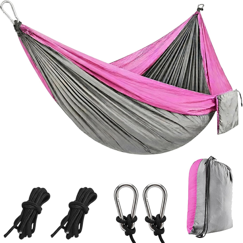 Camping Hammocks, Portable Parachute with Tree Straps (Pink & Gray)
