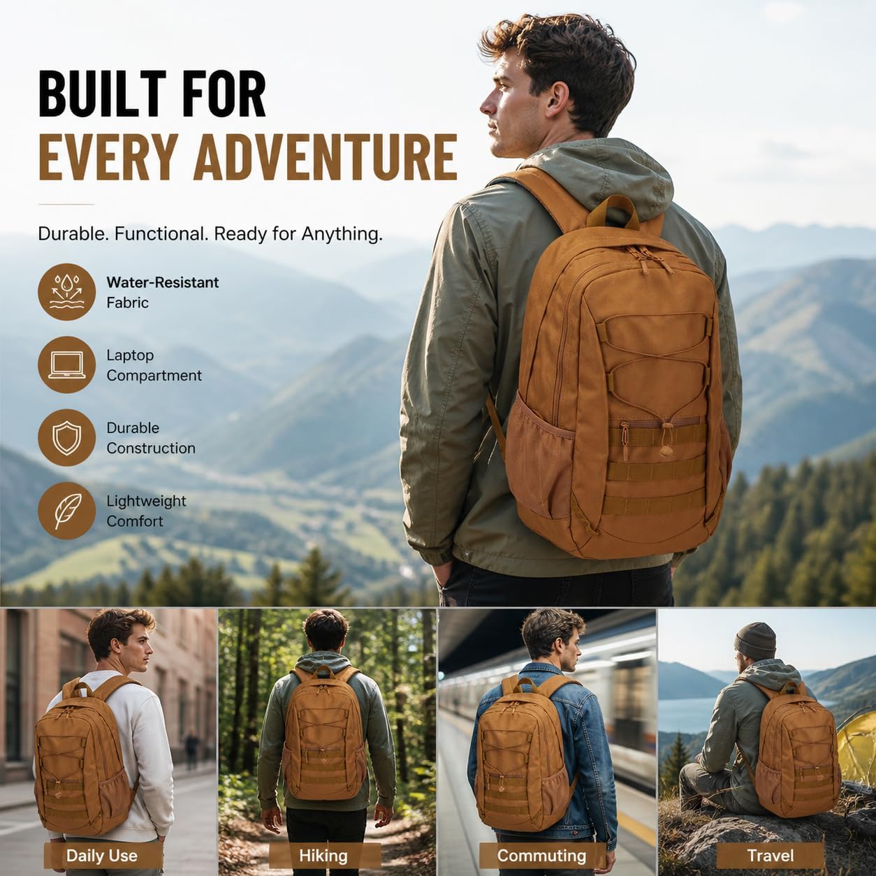 Hiking Travel Backpacks Men and Women, Lightweight Waterproof Laptop Backpack Outdoor Camping Backpack Hiking Daypack for Travel, Trekking, Work 26L (Brown)