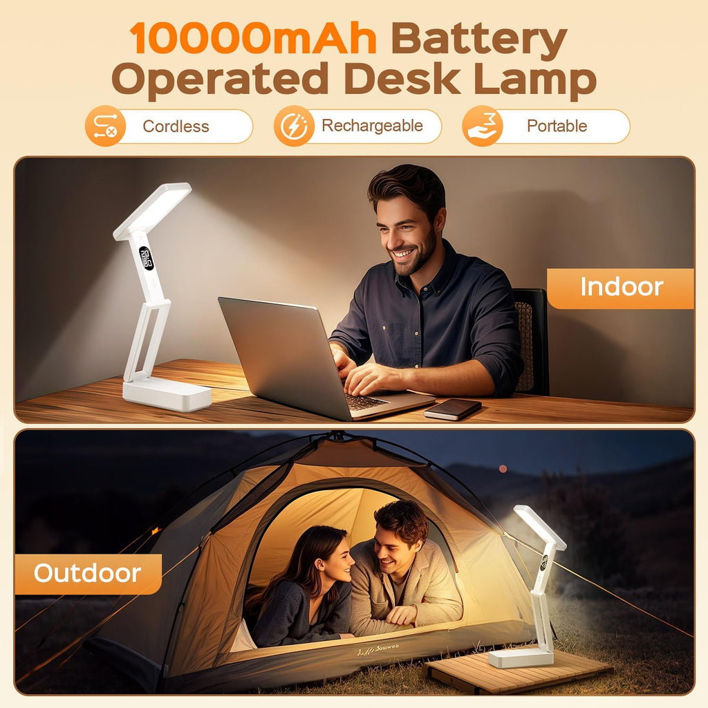 One Fire Small Desk Lamp,10000mAh Battery Operated Lamp,3 Colors+Dimmable Desk Light,LED Desk Lamp with Digital Clock+45min-Timer,Wireless & Portable Light,Desk Lamps for Home Office,Craft