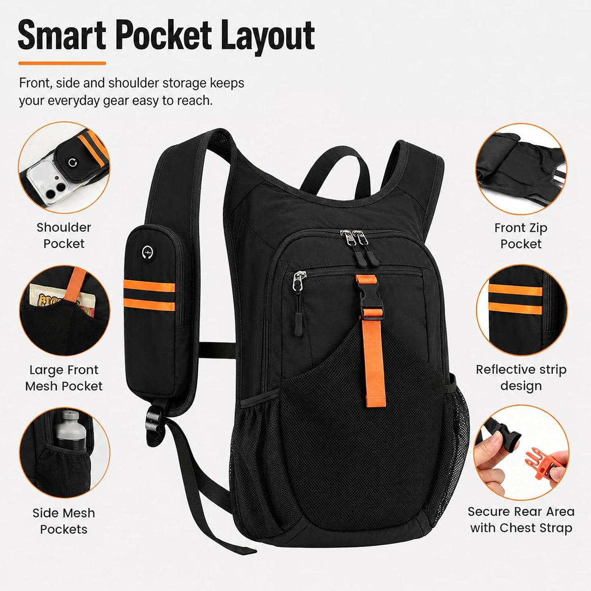 15L Small Hiking Backpack, Lightweight Packable Foldable Casual Backpack for Women Men (Black)
