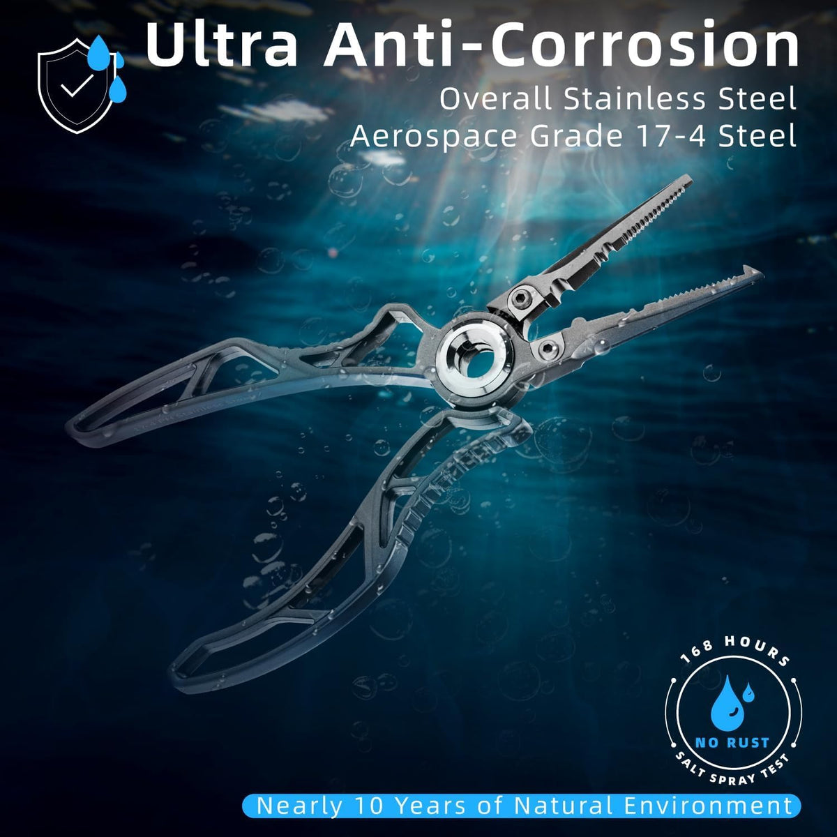 Gomexus 7 Inch Fishing Pliers and Titanium Plating, Saltwater Resistant Fishing Gear, Line Cutter, Hook Remover, Stainless Steel Split Ring Pliers with Carbide Blade-EXOSKELETON 7"