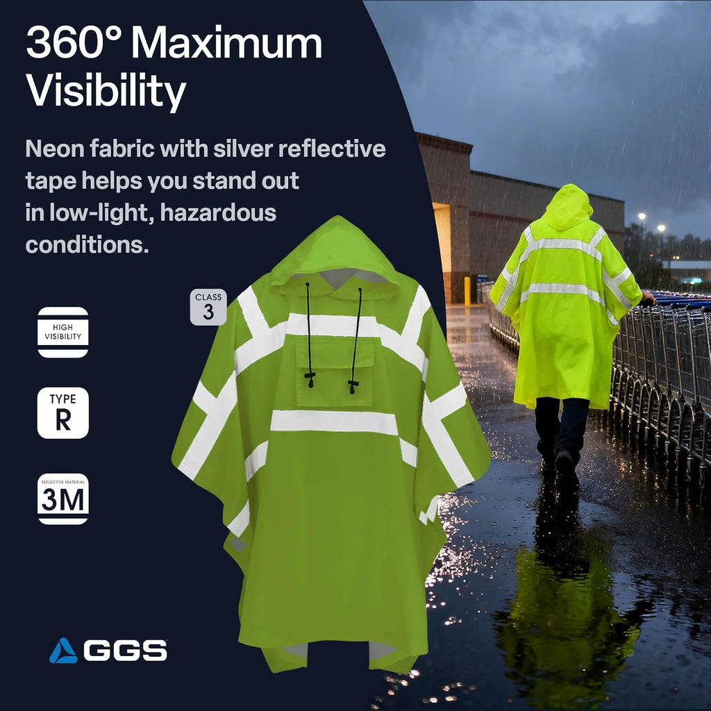 GGS Rain Poncho - High Visibility, Reflective, Wind and Waterproof with Drawstring Hood, Rain Gear for Construction, Camping, Fishing, Hiking, One Size