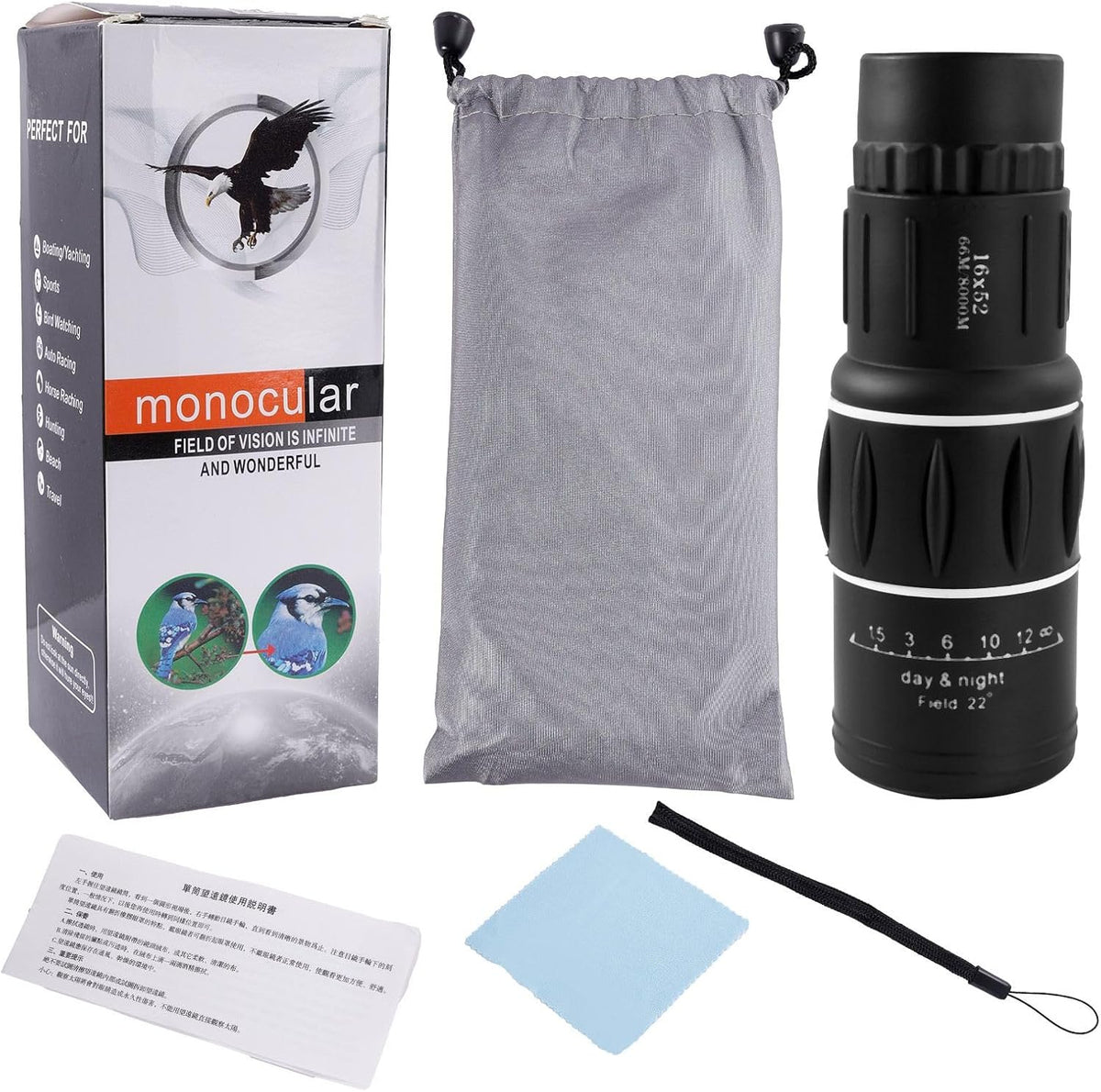 16x52 Monoculars Telescope Waterproof, Monocular for Adults Hiking Camping