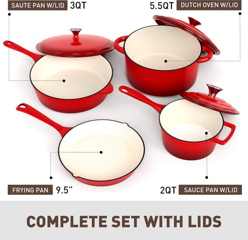 MAISON ARTS 7 Piece Enameled Cast Iron Pots and Pans Set, Red