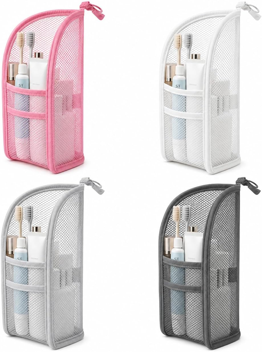 Standing Toiletry Bag,Portable Foldable Hanging Travel Organizer with Zipper and Loop,Mesh Large Capacity Cosmetic Waterproof Bag for Bathroom,Suitcase Packing,Toiletries,Makeup,Skincare (4PC)