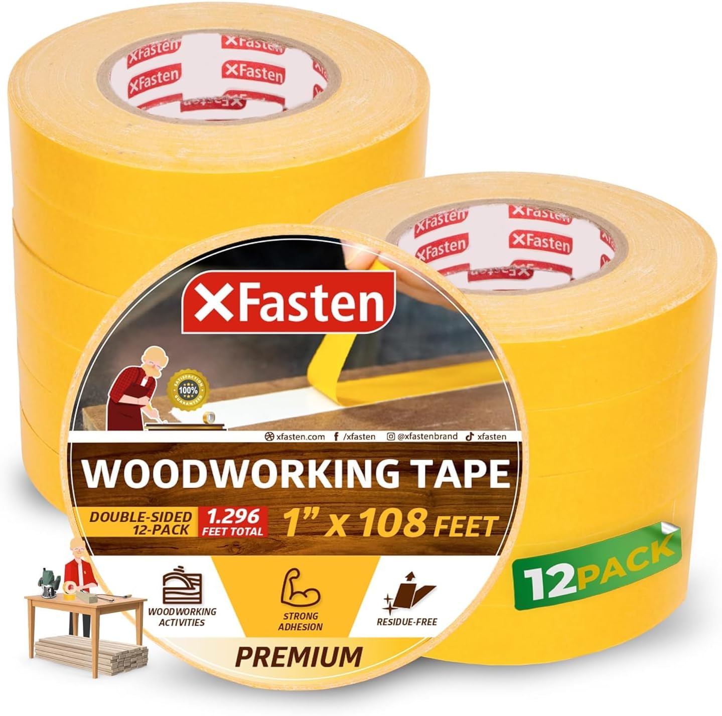 XFasten Bulk Double Sided Woodworking Tape 1-inch, 2,592 Feet Total (24-Pack) Residue-Free Removable Double Sided Tape for Woodworking Router Template, Woodworkers CNC Routing Machine
