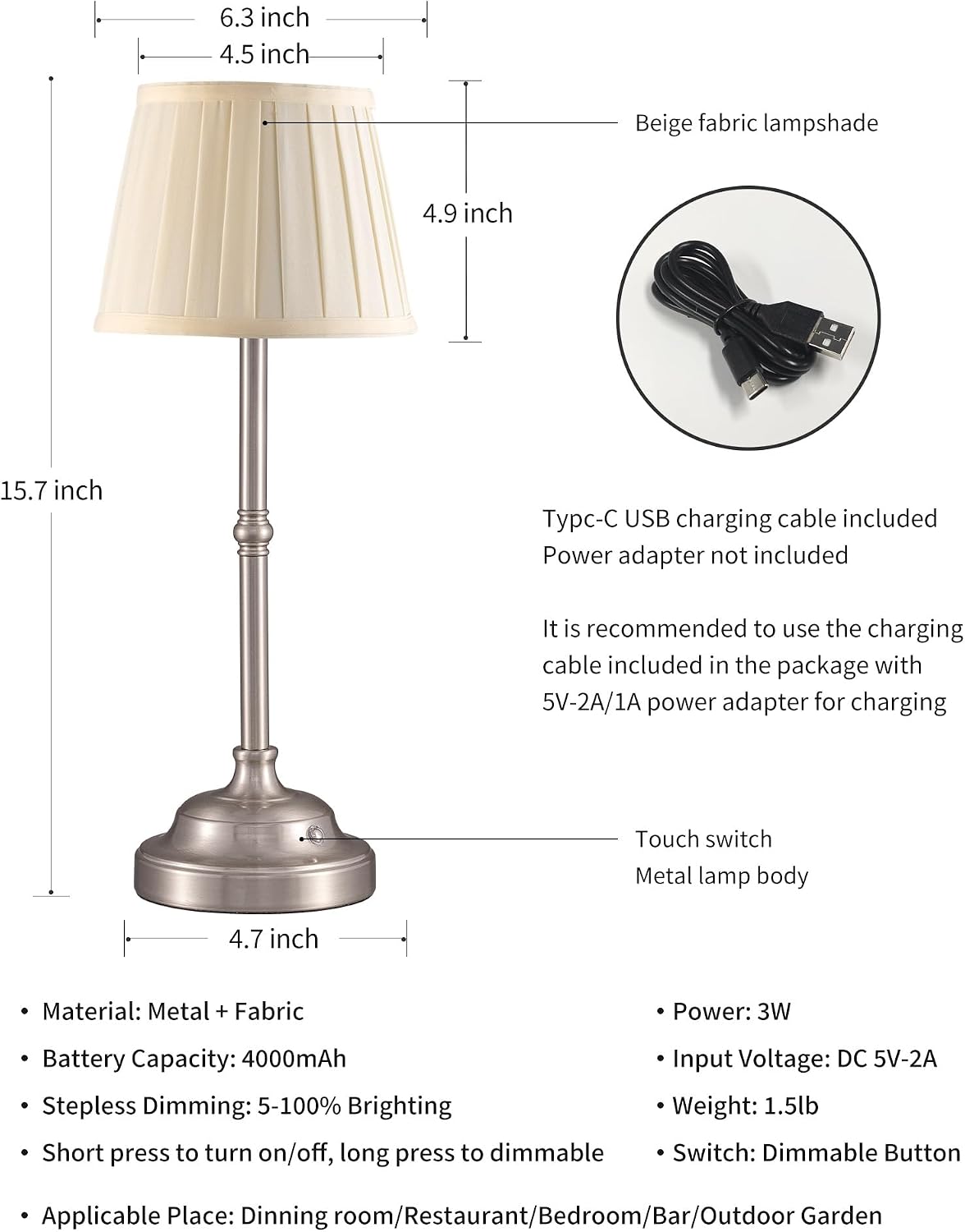 KDG Nickel Cordless LED Table Lamps Set of 2, Green Fabric Shade Desk Lamps