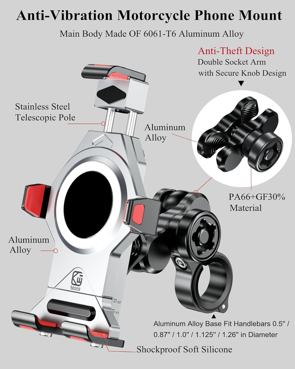 BRCOVAN Anti-Theft Aluminum Alloy Motorcycle Phone Mount Holder, Silver