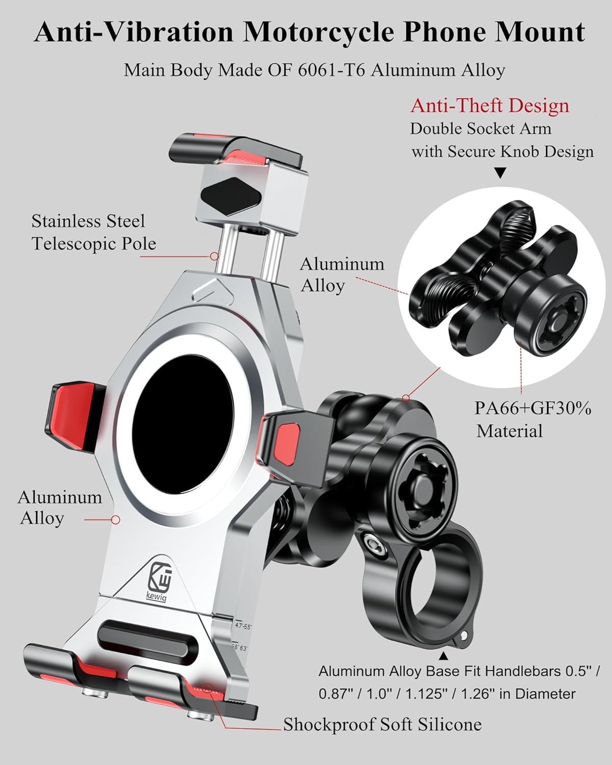 BRCOVAN Anti-Theft Aluminum Alloy Motorcycle Phone Mount Holder, Silver