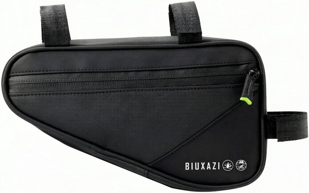 Bicycle frame bag, crossbar triangle bag, top tube bag; features a reflective triangular design and side mesh pockets; waterproof storage and tool bag for mountain and road bikes