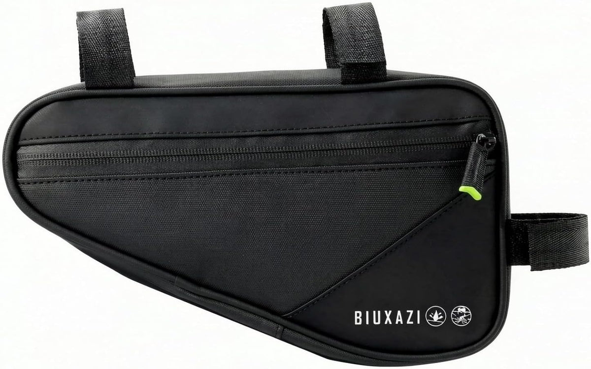 Bicycle frame bag, crossbar triangle bag, top tube bag; features a reflective triangular design and side mesh pockets; waterproof storage and tool bag for mountain and road bikes