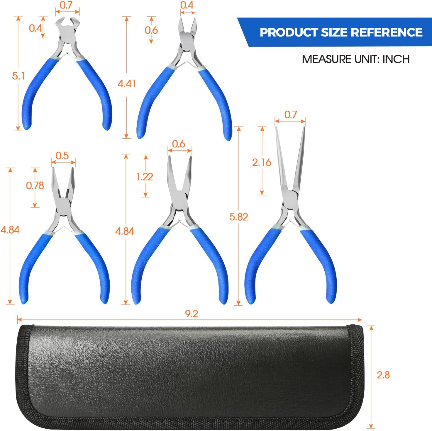 SOONAN 5 Pieces Mini Pliers, Long Lasting Tool Set Cable Cutters, Long Needle Nose, Long Nose, Nipper Bent Nose, End Cutting, Diagonal Cutting, Precision Pliers Set