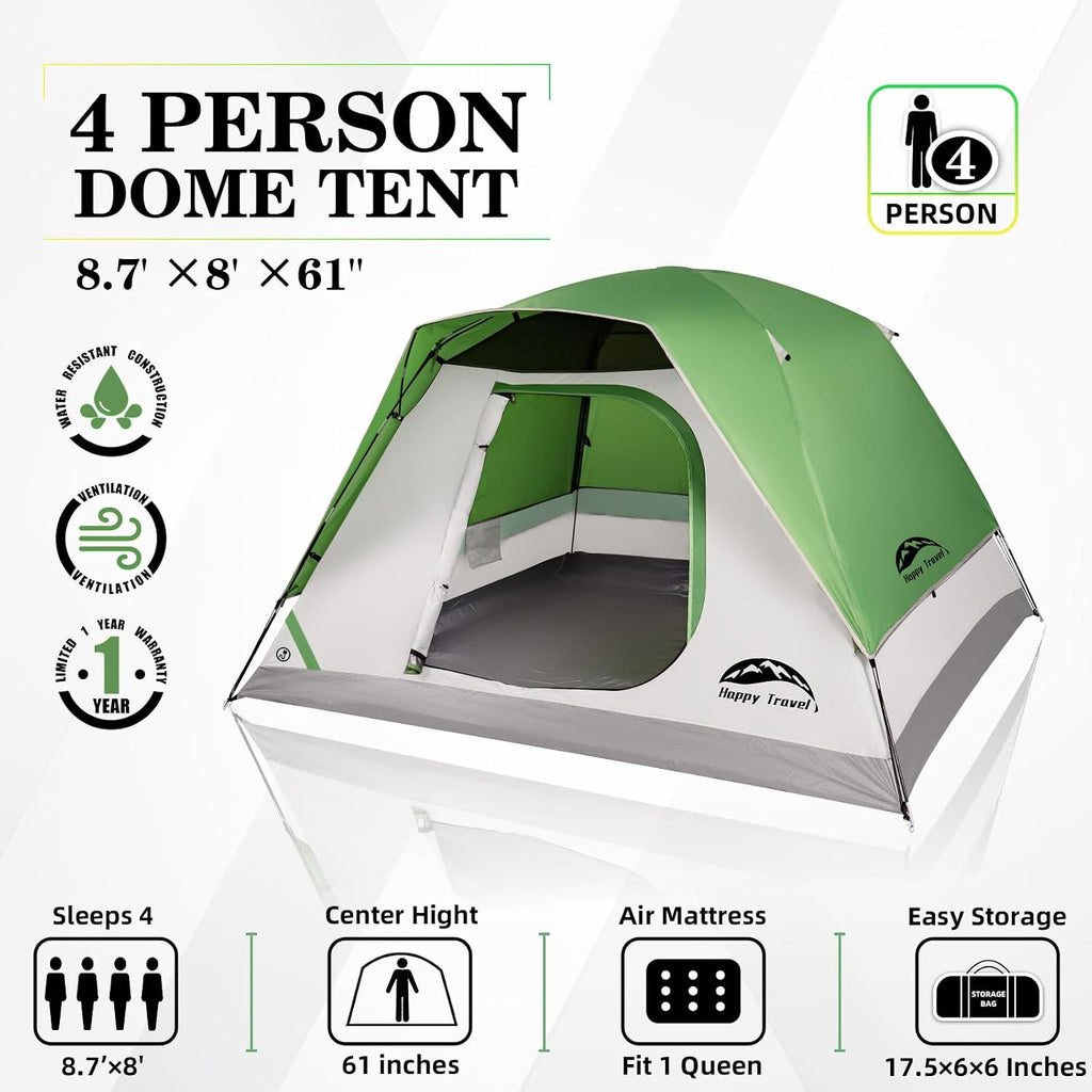 Happy Travel Camping Tent, 4/6 Person Dome Tents for Camping with Rainfly
