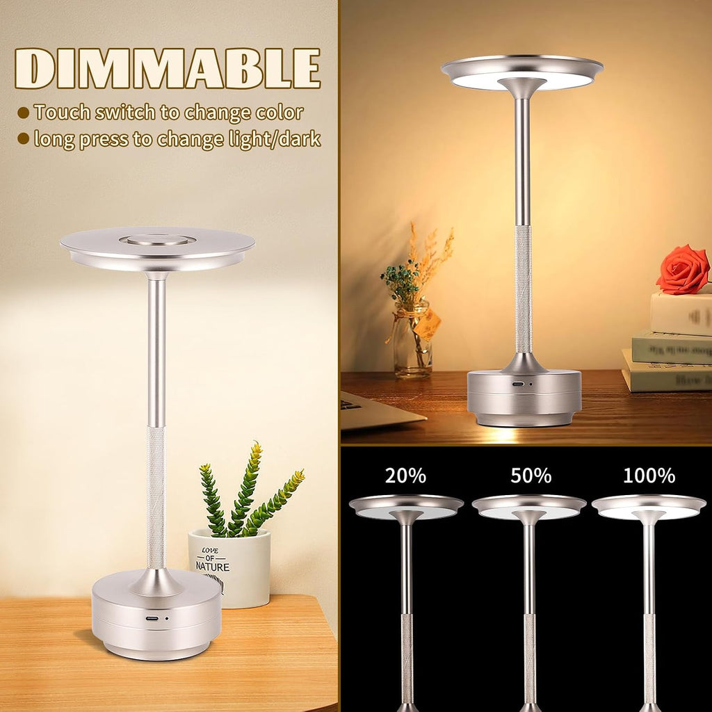 Rechargeable Cordless LED Table Lamps Touch Sensor Light, 3-Levels Portable Dimming Wireless Battery Operated Lamp，Nightstand Lamp/Night Light/Restaurant Table/Outdoor/Coffee/Bar (Silver)