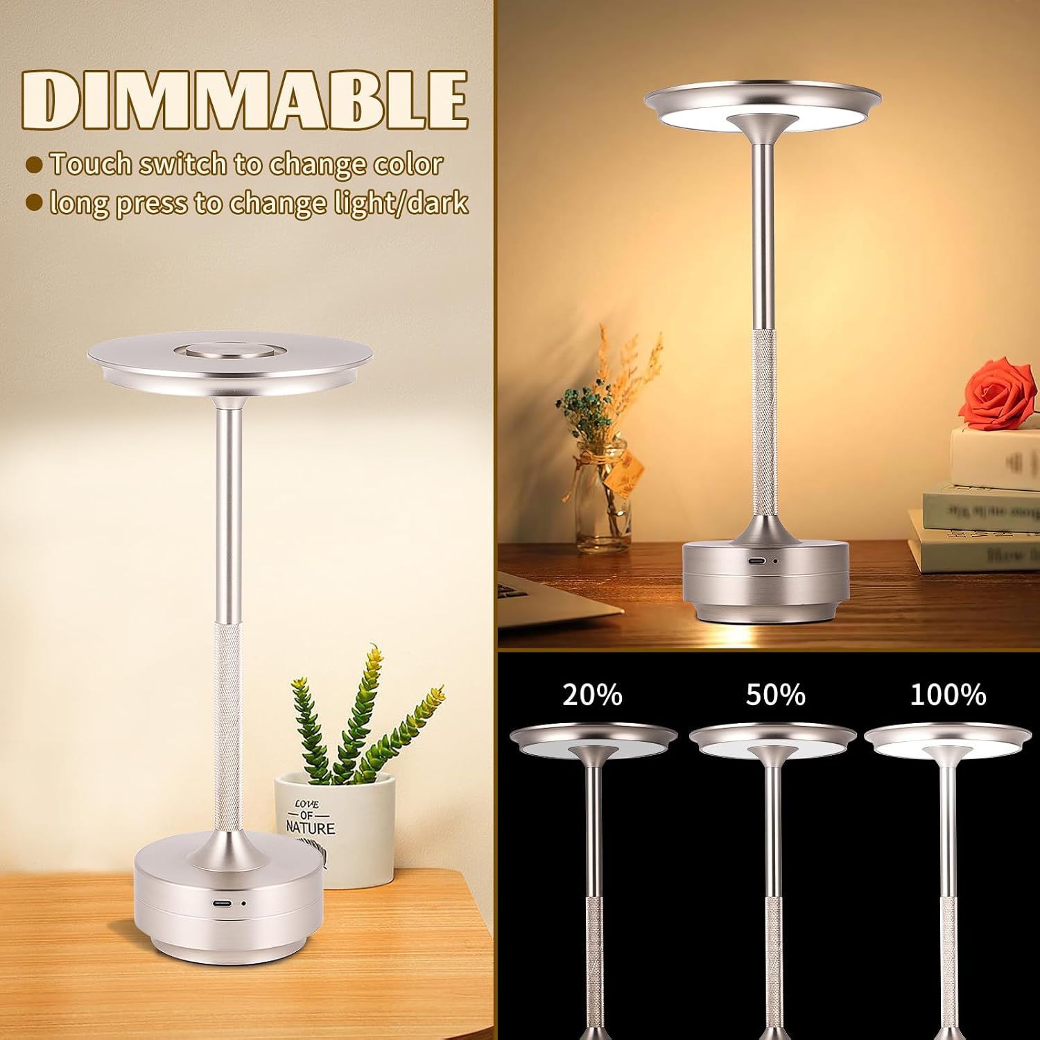 Rechargeable Cordless LED Table Lamps Touch Sensor Light, 3-Levels Portable Dimming Wireless Battery Operated Lamp，Nightstand Lamp/Night Light/Restaurant Table/Outdoor/Coffee/Bar (Silver)