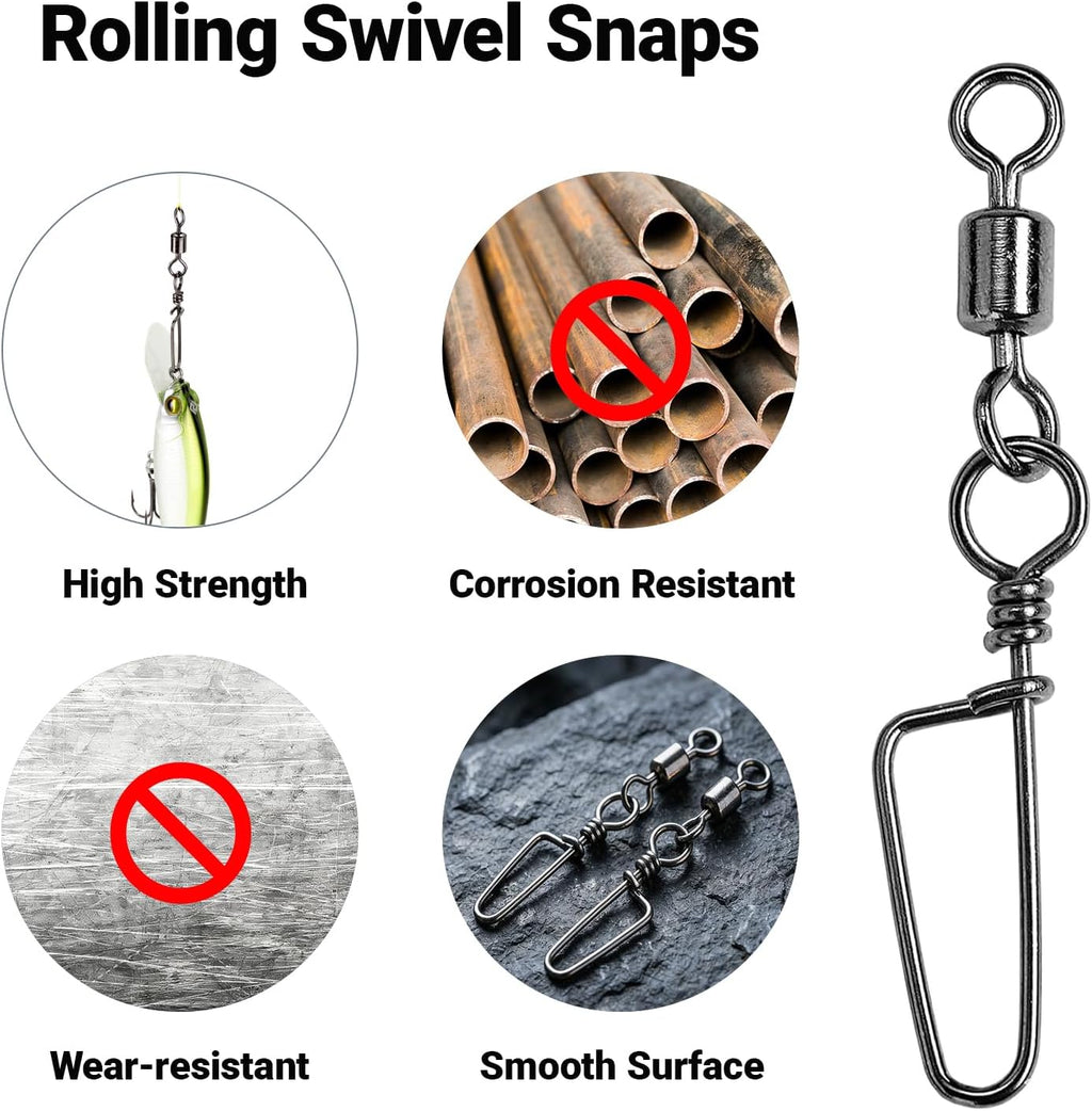 AMYSPORTS High Strength Fishing Snaps Freshwater Barrel Rolling Snap Swivels Steel Lure Connector Fishing Swivel Stainless Black Nickel
