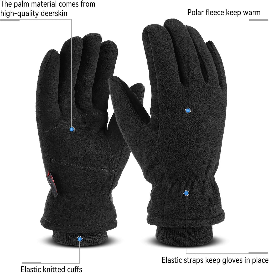 OZERO Mens Winter Gloves,Warm Deerskin Leather Fleece Fabric