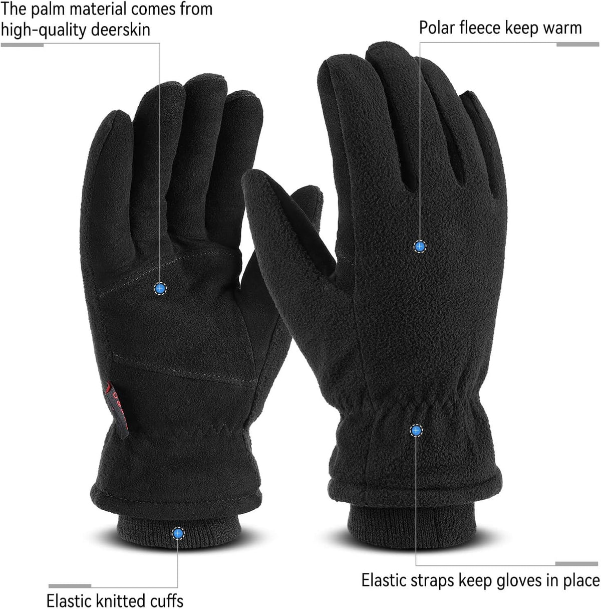 OZERO Mens Winter Gloves,Warm Deerskin Leather Fleece Fabric