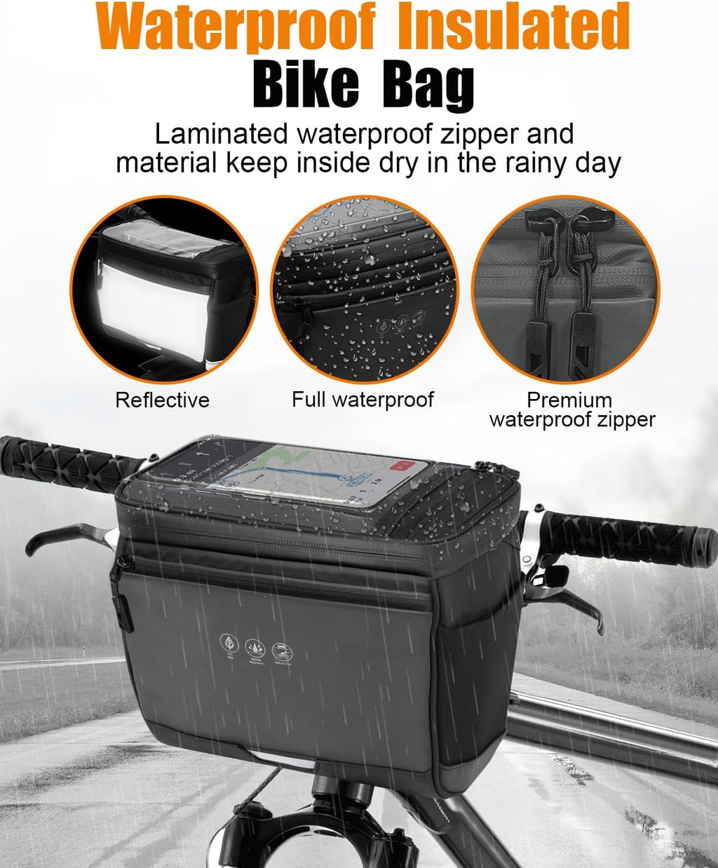 Bike Handlebar Insulated Bag, Waterproof Mountain Bike Crossbar Front Bike Phone Bag Cooler Storage Pouch with TPU Touch Screen Insulation for Outdoor Hiking Travel 4L