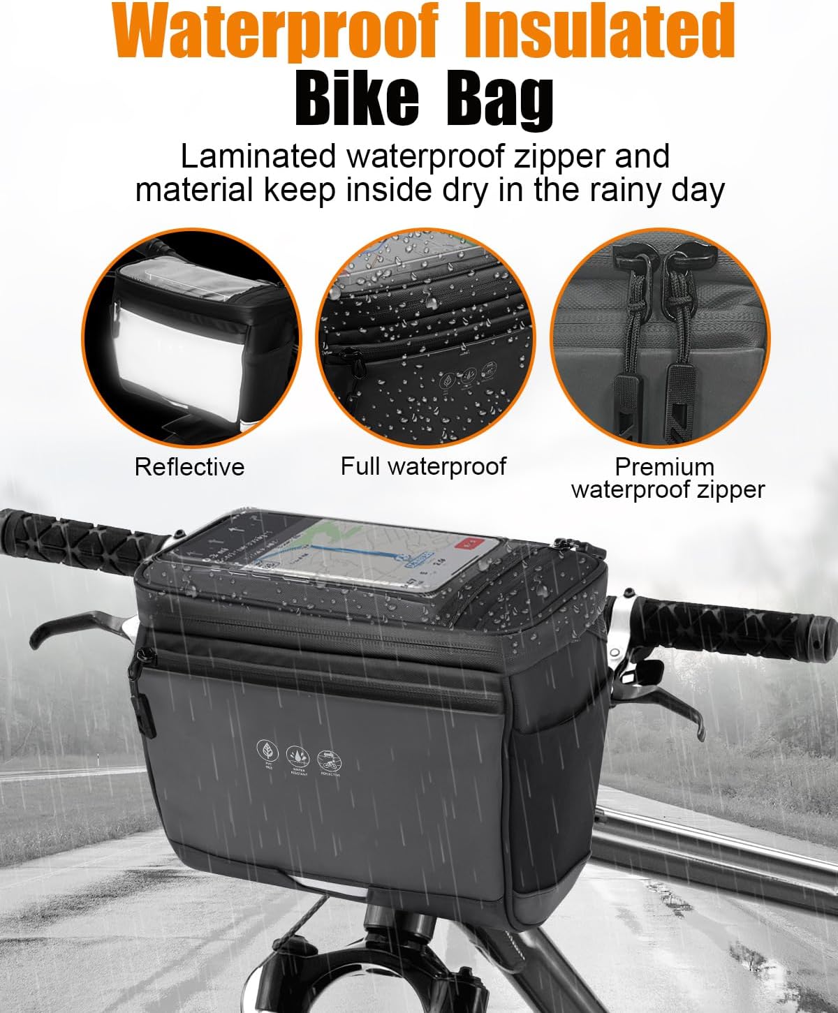 Bike Handlebar Insulated Bag, Waterproof Mountain Bike Crossbar Front Bike Phone Bag Cooler Storage Pouch with TPU Touch Screen Insulation for Outdoor Hiking Travel 4L