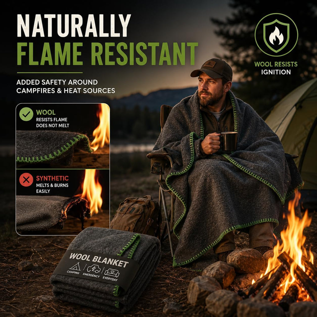 JMR Wool Camping Blanket, Fire Retardant Military Throw, Grey (66x90)