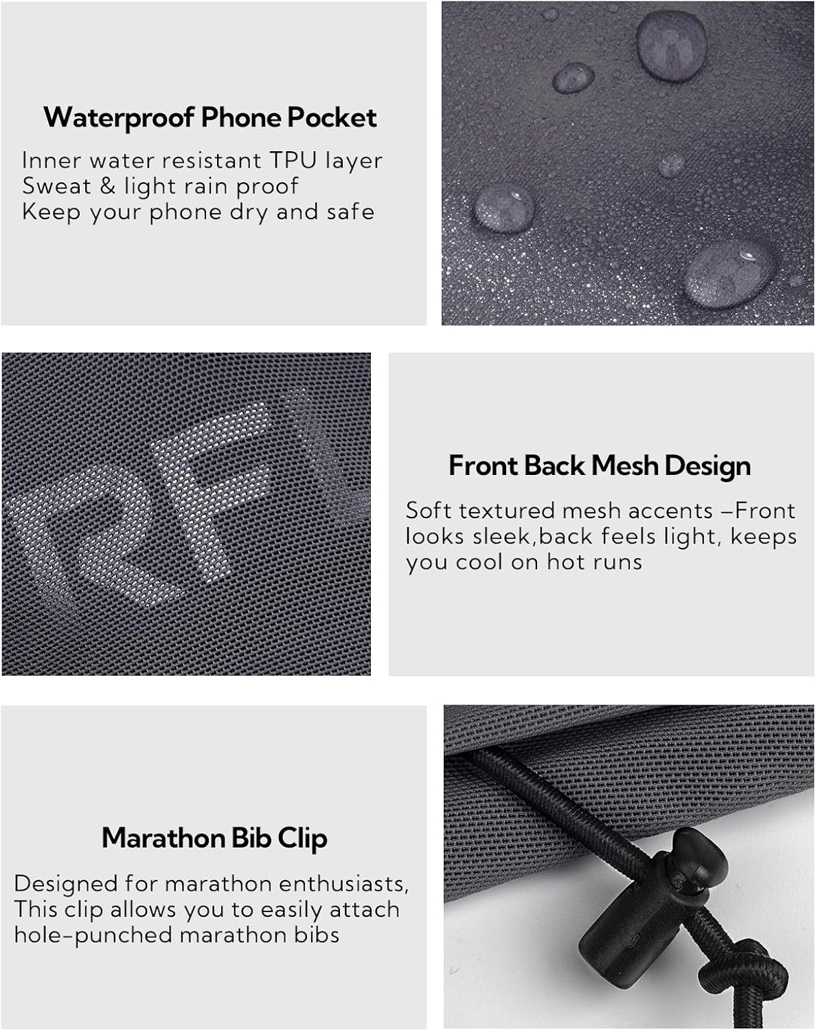 WATERFLY Running Belt Fanny Pack, Runner Race Belt with Bib Clip Dark Gray