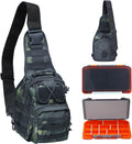 Sling Fishing Backpack Waterproof, Compact On-The-Go Tackle Bag with 2 Boxes, Camo Black Khaki (Night Camo With Two Tackle Boxes)