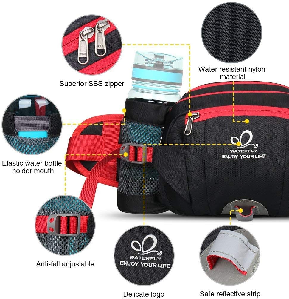 WATERFLY Fanny Pack Waist Bag: Fannie Pack 2 Water Bottle Holders Lumbar Belt Hiking Walking Running Jogging Camping Large Woman Man (Bottle Not Included)