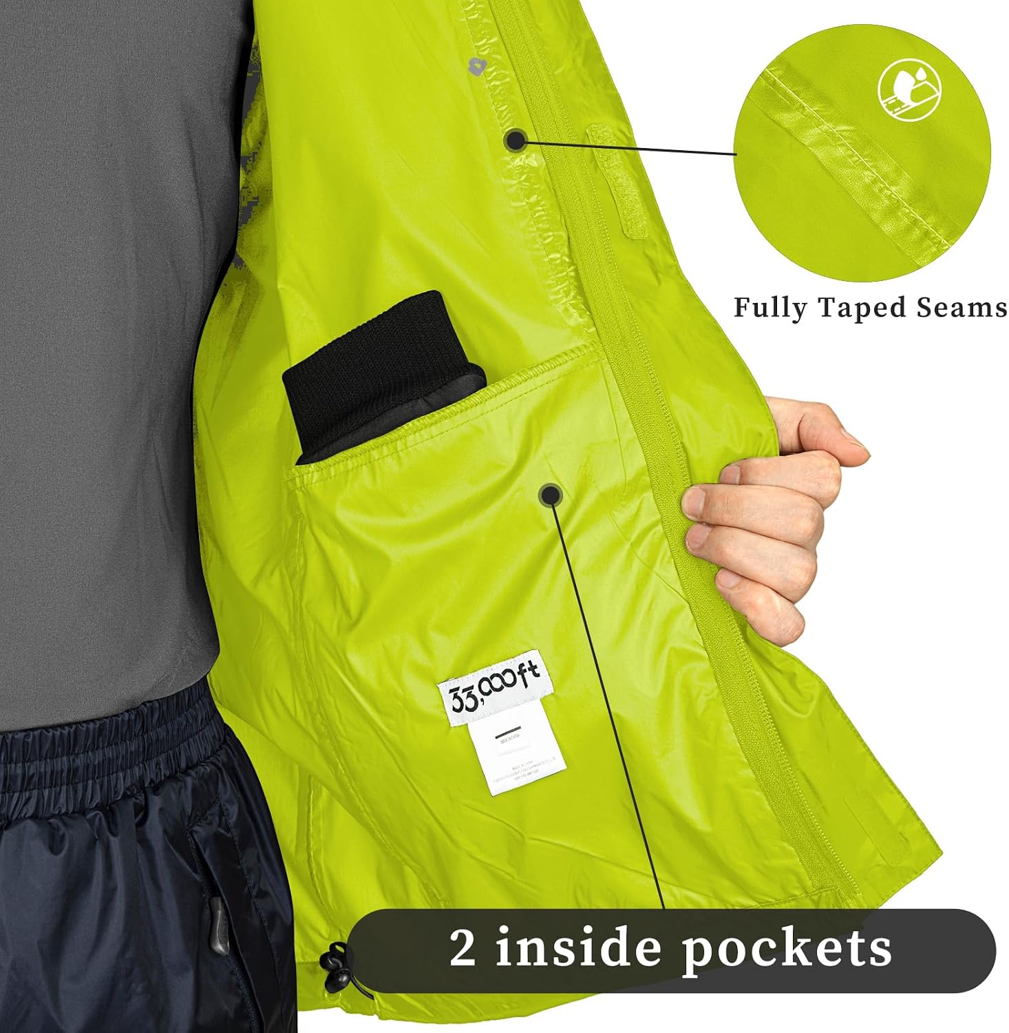 33,000ft Men's Packable Rain Jacket Lightweight Waterproof Golf Raincoat