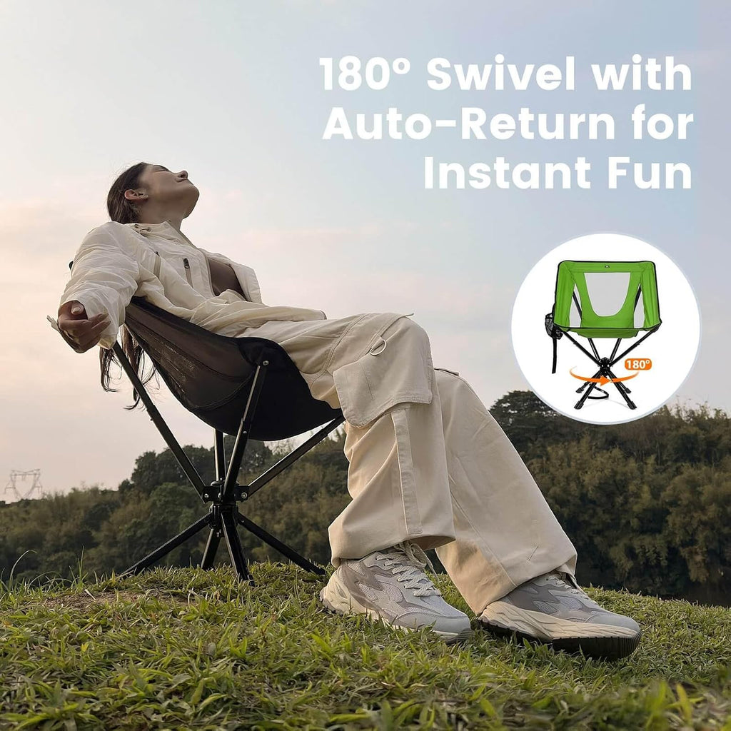 TCEK Portable Camping Chair - SwivelCore 180 Swivel & Auto-Return, Small Compact Lightweight Folding Chairs for Adults, Outdoor Backpack Chair for Adventures, Setup in Seconds, Support 300 LBS