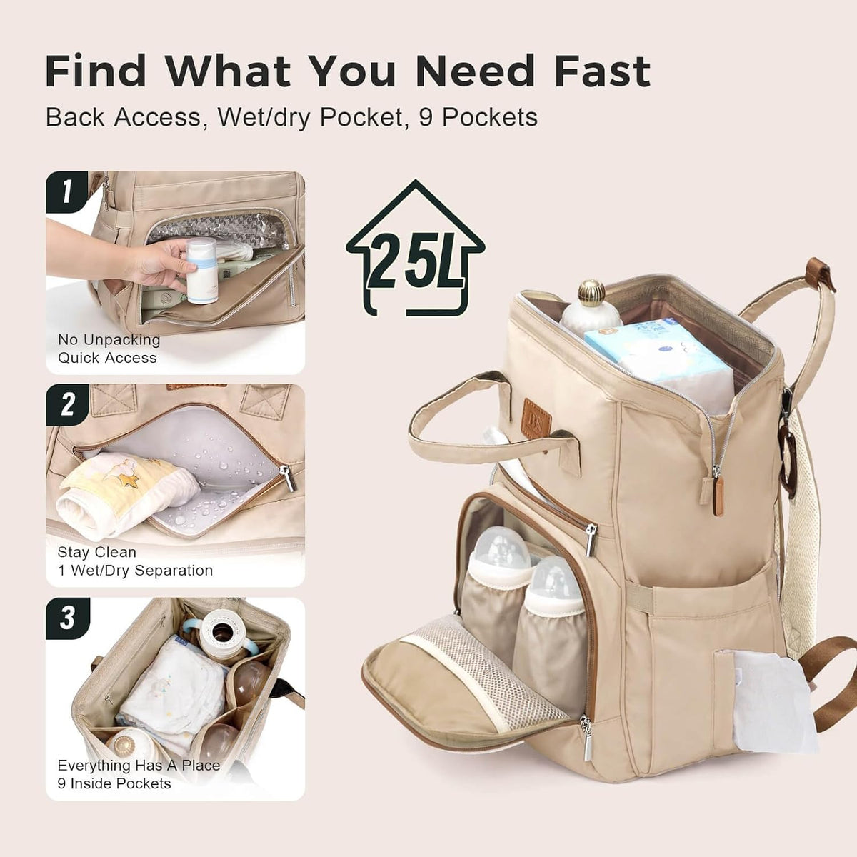diaper bag backpack with Wet/Dry Pocket, Changing Pad, 25L Brown