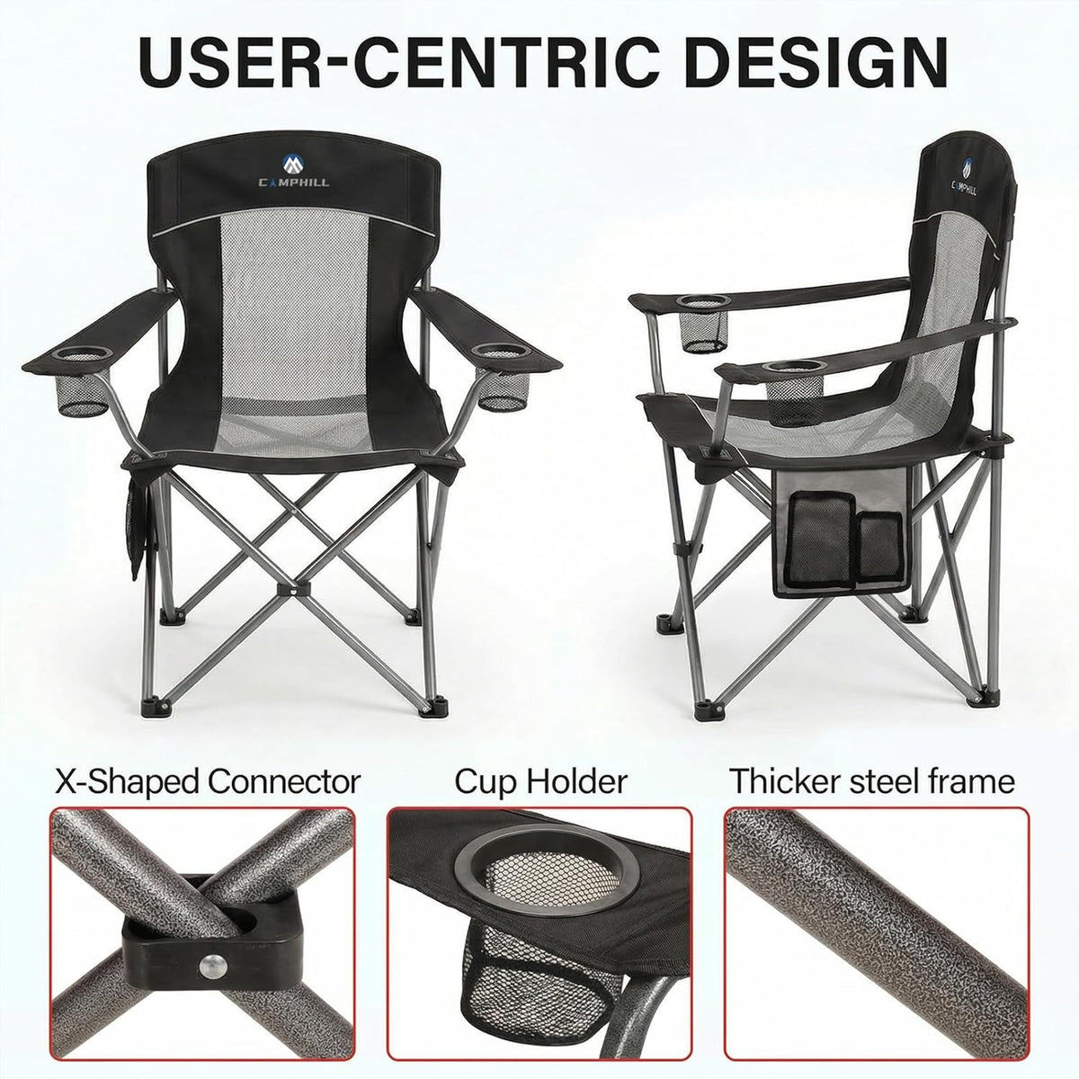 2 Pack Camping Chairs for Adults,Oversized Mesh Back Lawn Chair with Cup Holder, Side Pocket&Bag for Outdoor,Beach,Picnic,Fishing,and Sports,Breathable,Heavy Duty,Black