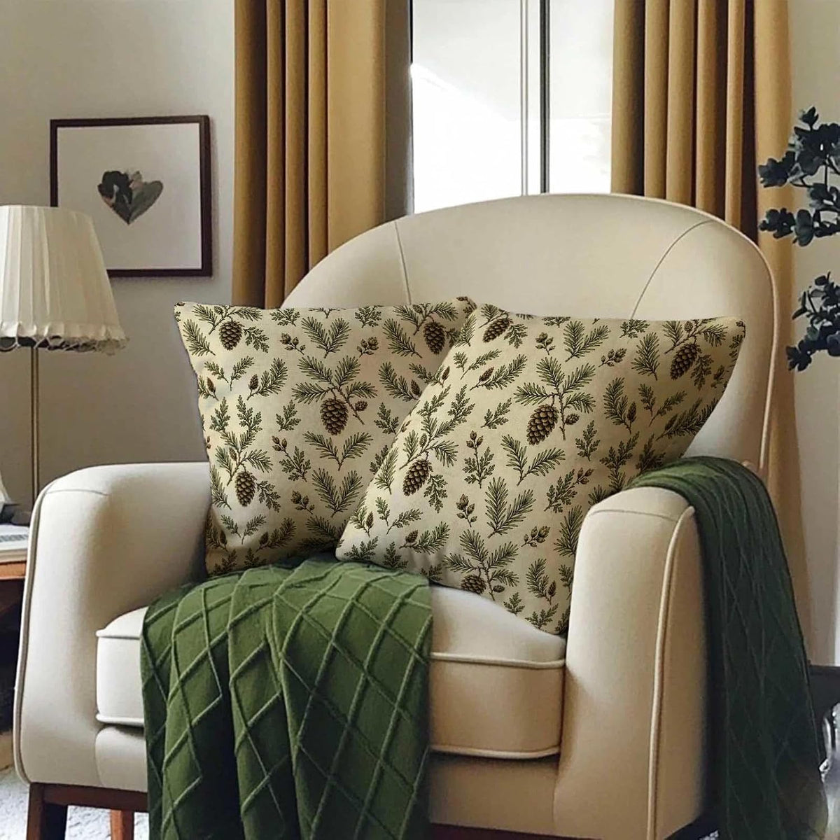 Pine Cone Throw Pillow Covers 18x18 Set of 2 | Rustic Cabin Decorative Cushion Covers | Woodland Lodge Pillow Cases for Couch Sofa Bed Living Room | Evergreen Branch Home Decor Outdoor Patio