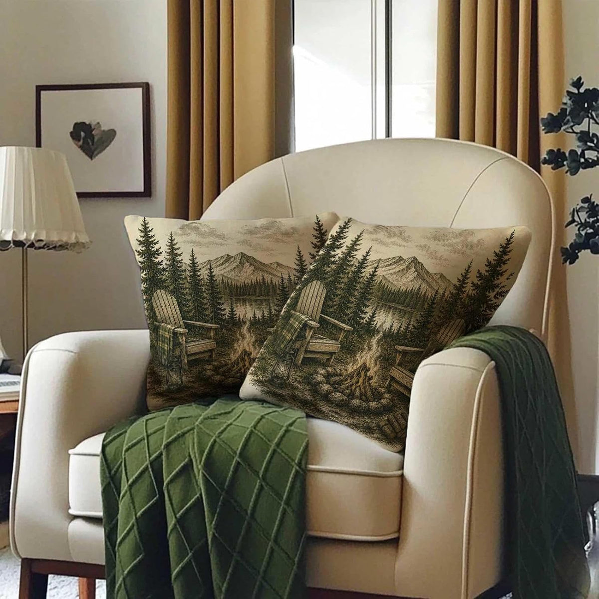 Rustic Cabin Campfire Throw Pillow Covers 18x18 Set of 2 | Mountain Lake House Decorative Cushion Covers | Pine Forest Woodland Lodge Pillow Cases for Couch Sofa Bed Living Room