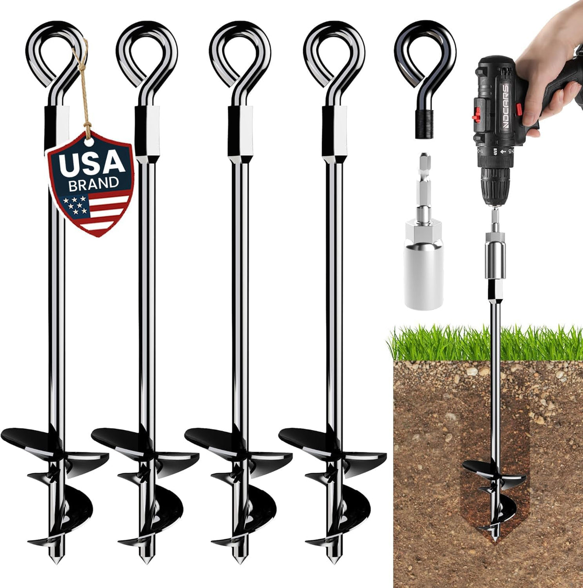 2pcs 15'' Ground Anchors Screw in Tent Stakes - Heavy Duty Earth Anchors
