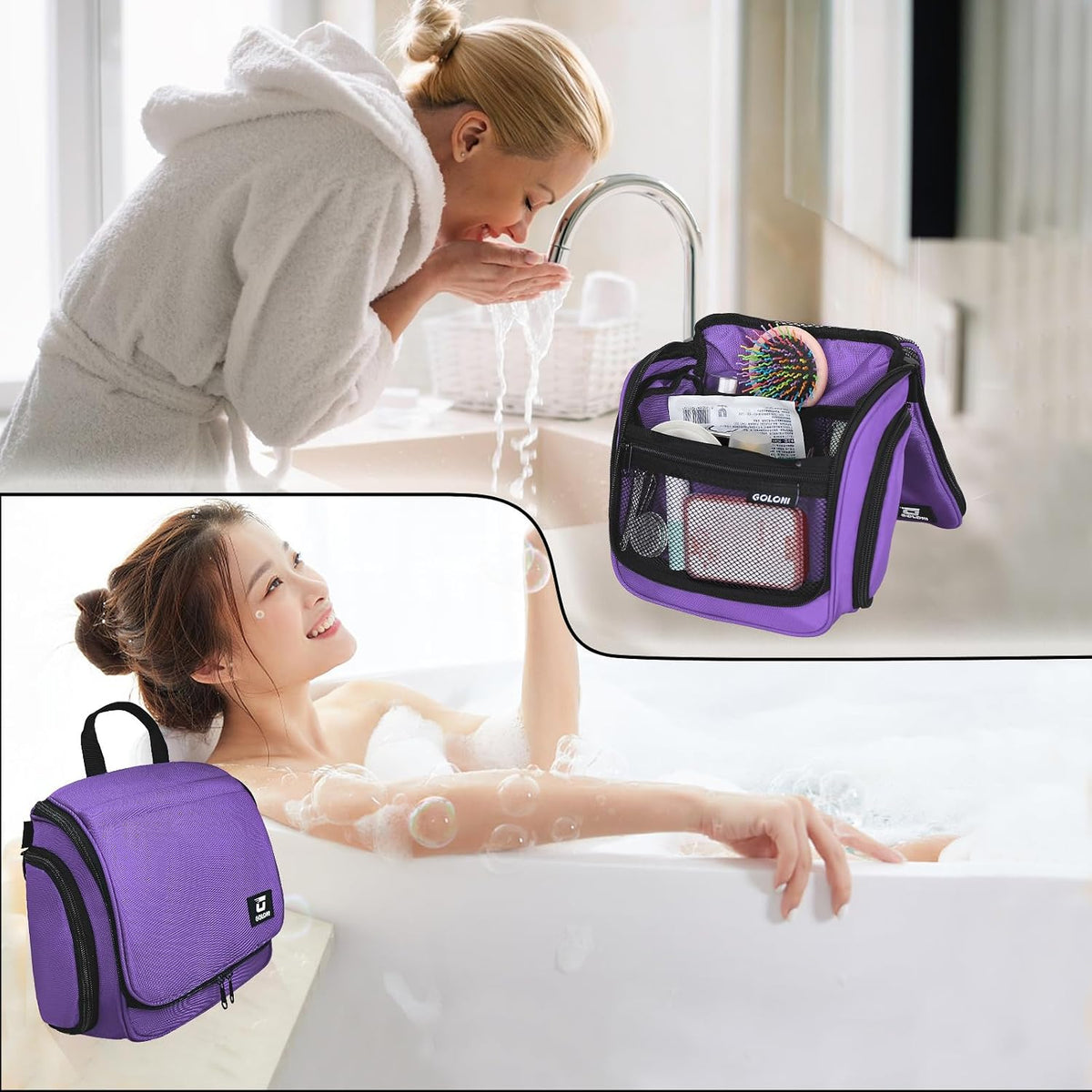 Goloni Hanging Toiletry Bag for Men Women, Water-Resistant Organizer,Purple