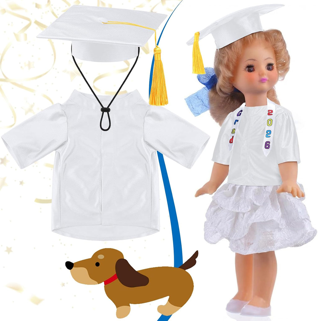 Chicingyou Small Dog Graduation Cap and Gown 2026 with Stole Washable Shirt and Hat Pet Graduation Gown Costume Outfit for Tiny Dog Little Cat Doll Clothes Holiday Halloween Costume Accessory (White)