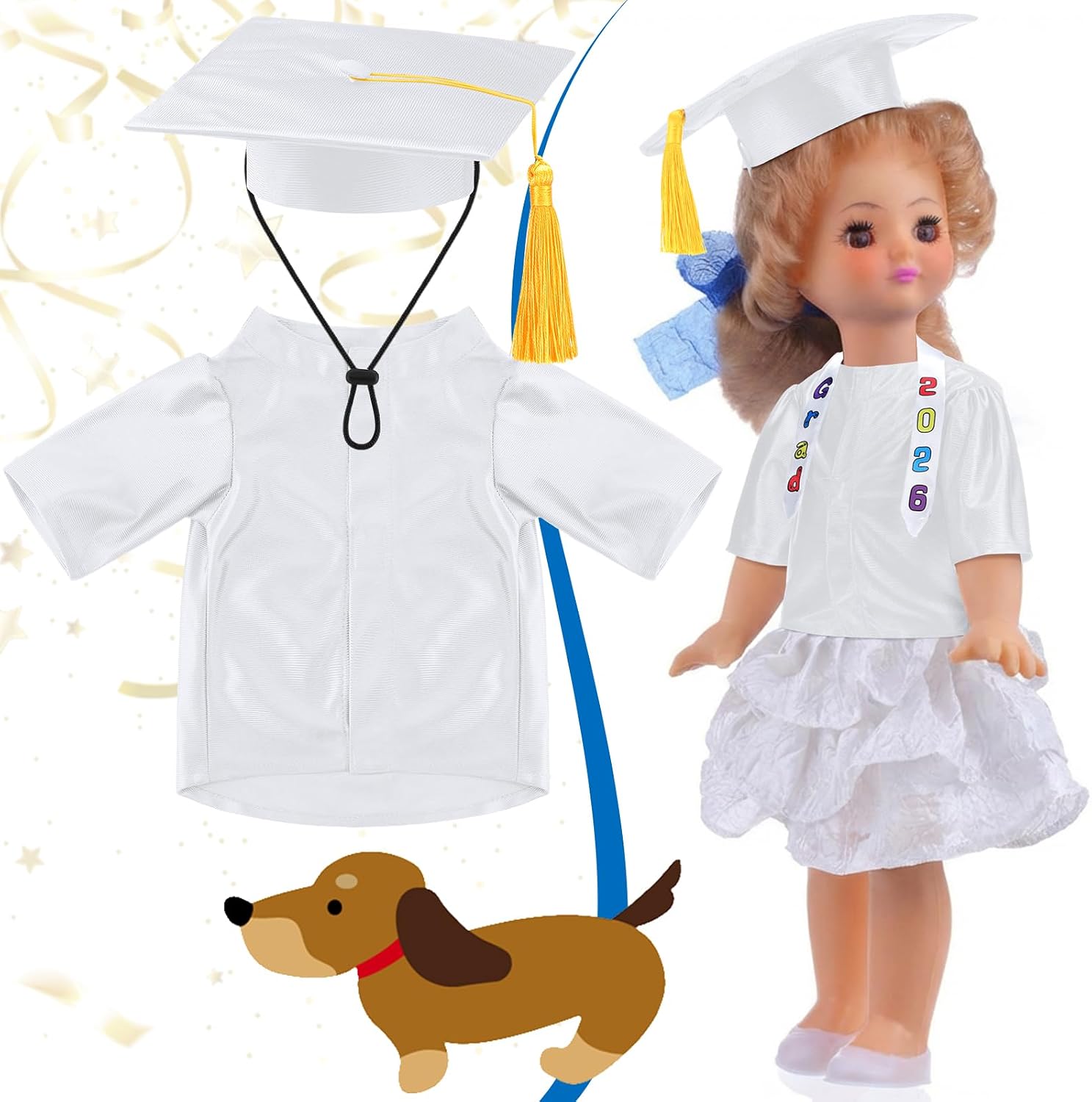 Chicingyou Small Dog Graduation Cap and Gown 2026 with Stole Washable Shirt and Hat Pet Graduation Gown Costume Outfit for Tiny Dog Little Cat Doll Clothes Holiday Halloween Costume Accessory (White)