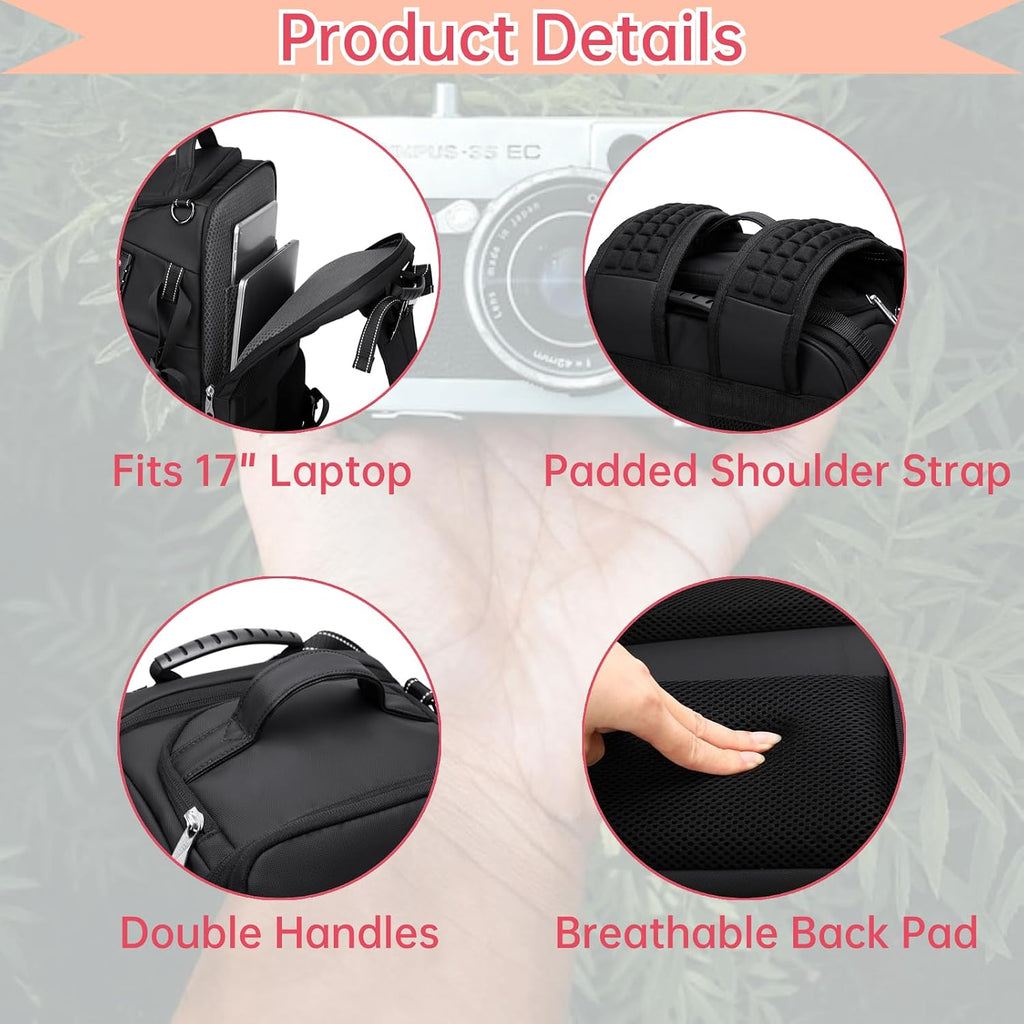 Camera Backpack Large, Waterproof Camera Bag for Mirrorless and DSLR with TSA Lock,Quick Access,17-Inch Laptop Compartment, Adjustable Straps - Fits Camera Stabilizer,Drone, Black