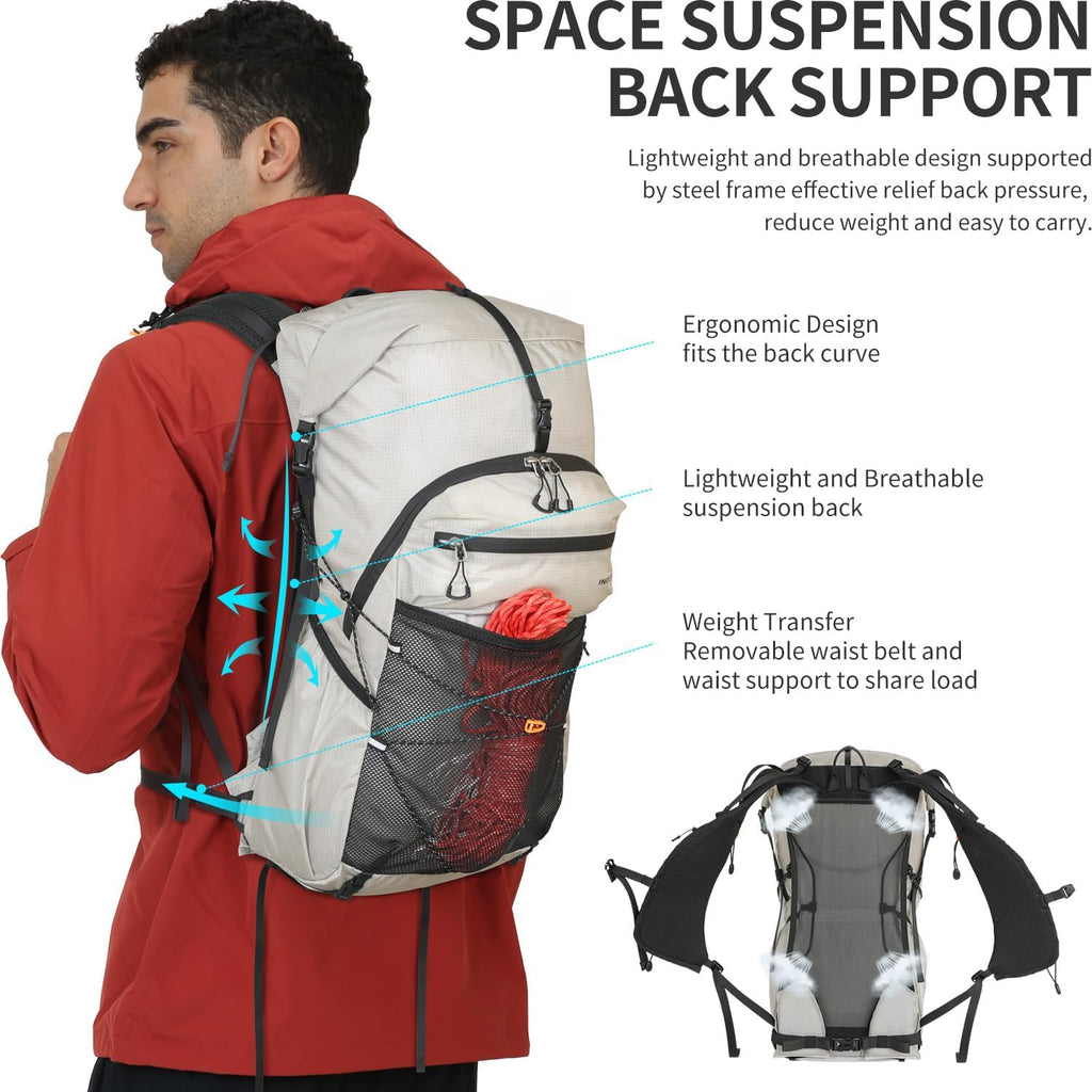 IX INOXTO Hiking Backpack for Men and Women, 30L Waterproof Camping Backpack with 3L Water Bladder and Rain Cover, Lightweight Outdoor Sport Travel Daypack Rucksack for Climbing Cycling (Light gray)