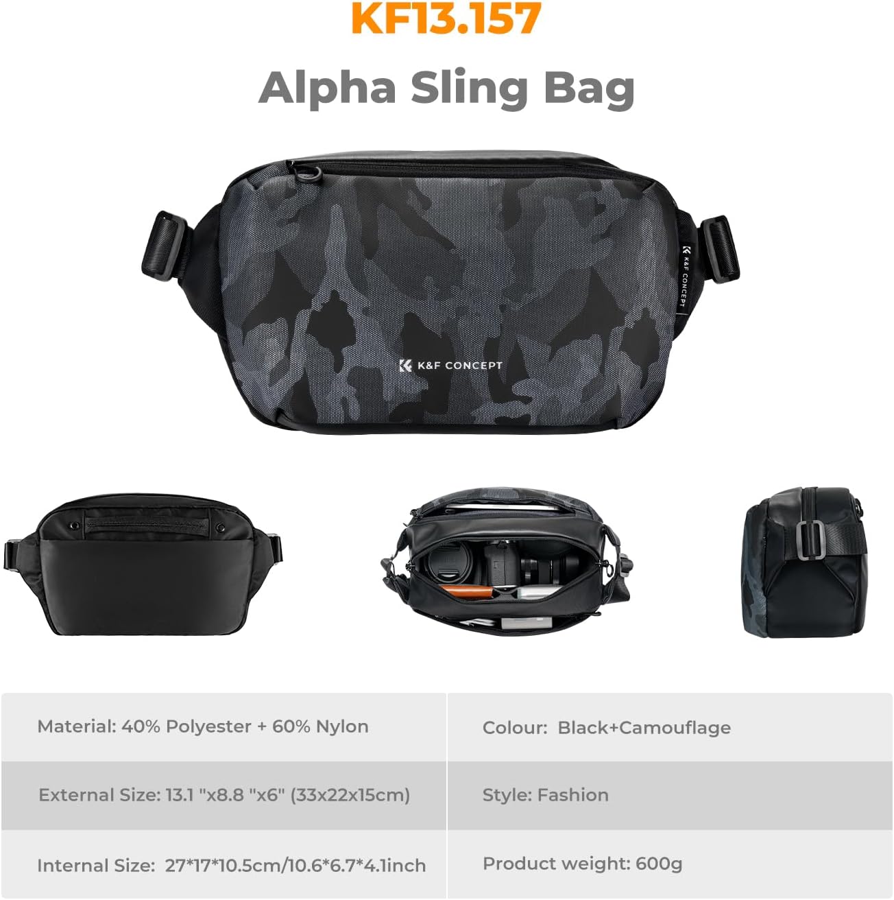 K&F CONCEPT 2 in 1 Camera Sling Bag, Everyday Shoulder Bag