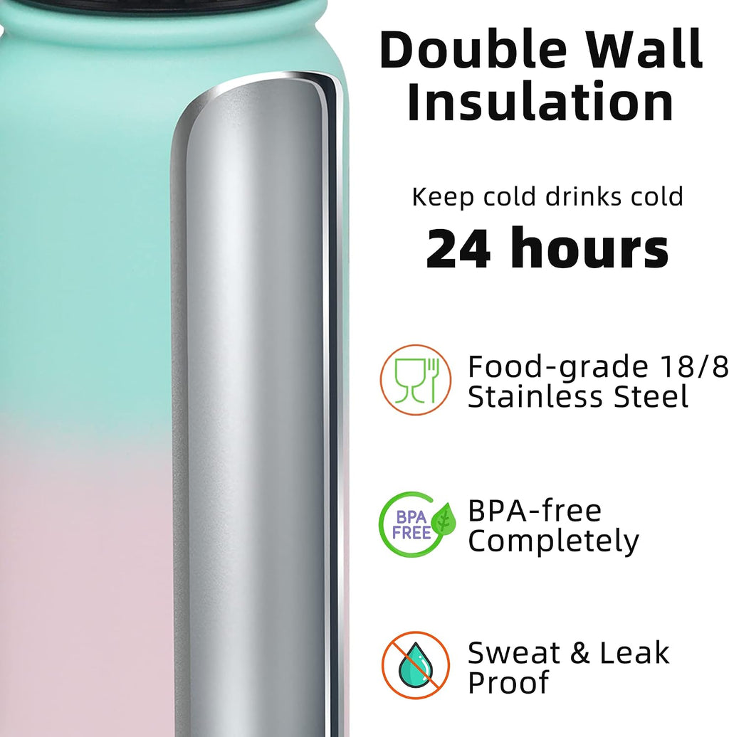Fanhaw 20oz Insulated Water Bottle with Anti-dust Chug Lid, Green Pink