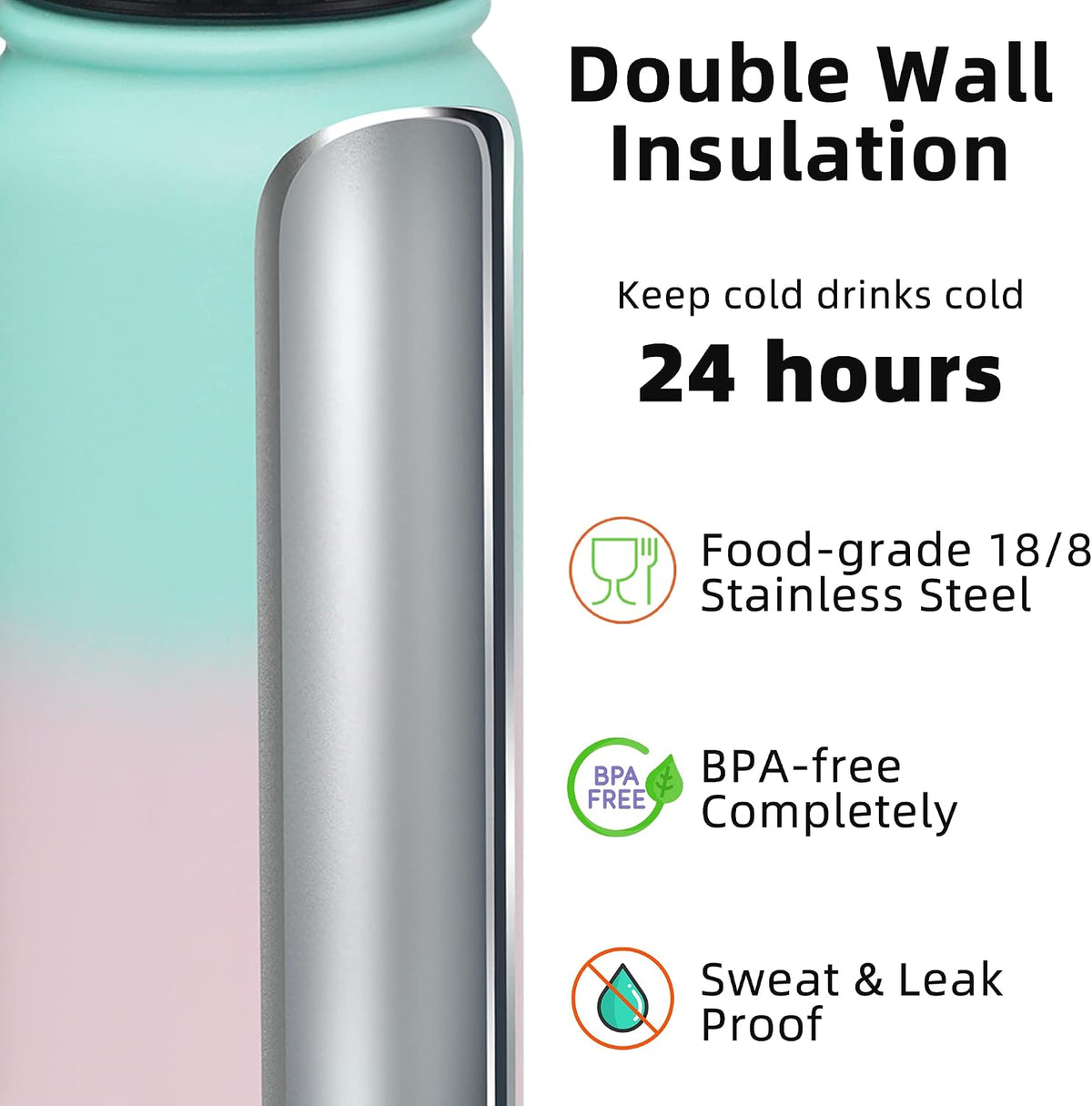 Fanhaw 20oz Insulated Water Bottle with Anti-dust Chug Lid, Green Pink