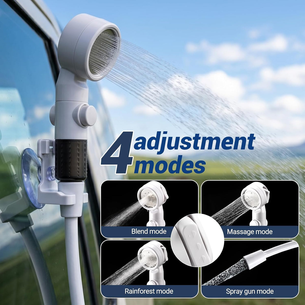 Portable camping shower, 6000mAh rechargeable shower, high-pressure shower, with intelligent LED display, four spray modes, IPX7 waterproof outdoor camping pump, suitable for hiking, cars, pets