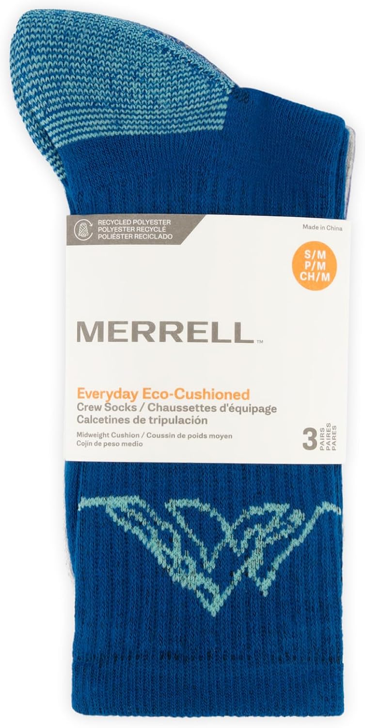 Merrell Unisex Eco Cushioned Crew Socks, Recycled Sustainable Hiker With Targeted Cushion