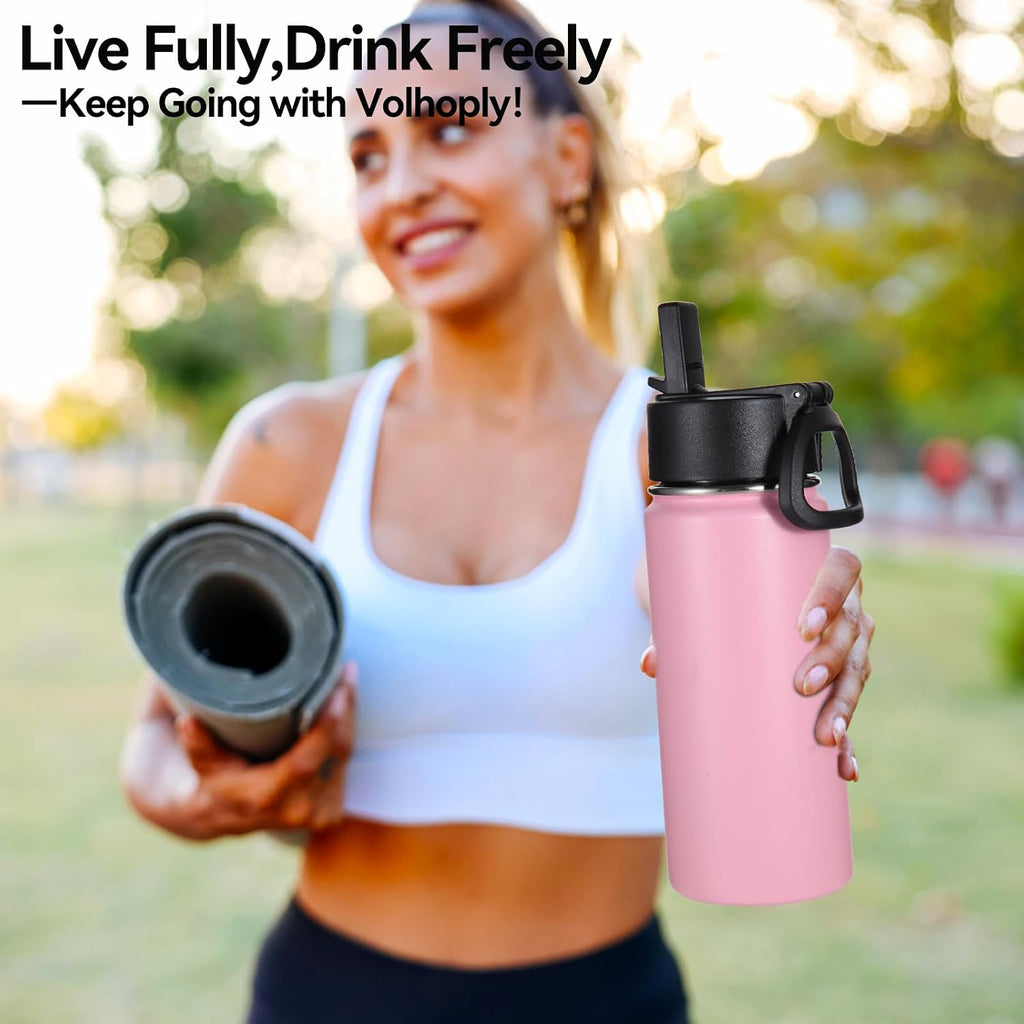 Volhoply 16 OZ Kids Water Bottle Bulk 4 Pack,Insulated Sports Bottles with Straw Lid,Stainless Steel Bottle with Handle Keep Cold & Hot,Double Wall Vacuum Tumbler Cups for School,Girls(Pink, 4)