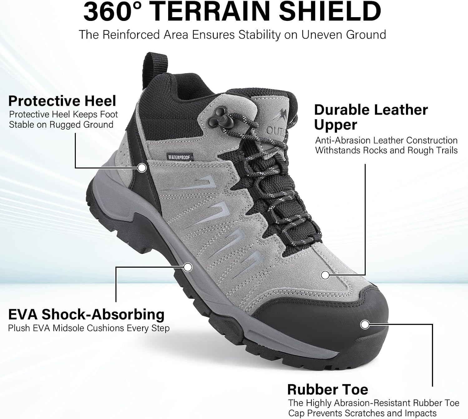 Men's Waterproof Hiking Boots Lightweight Leather Mid Ankle Outdoor Trail Trekking shoes