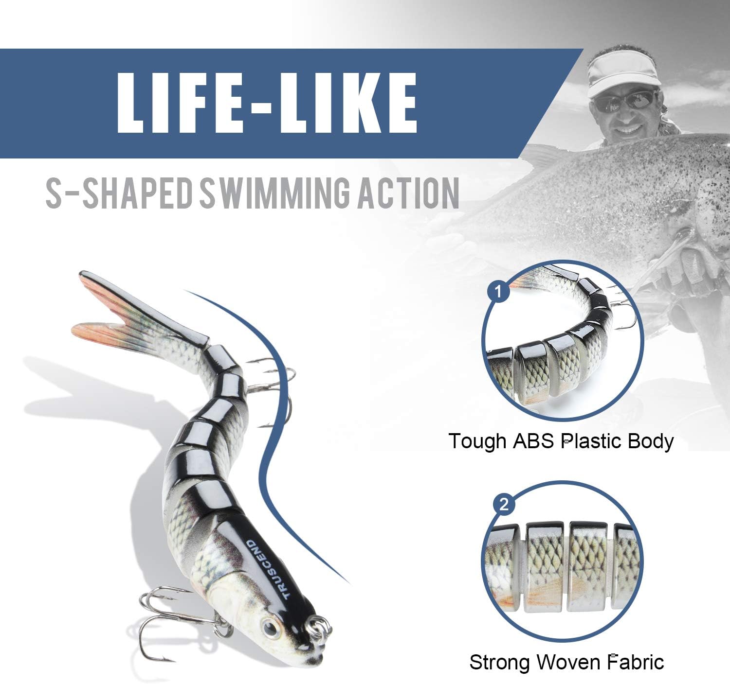 TRUSCEND Swimmax Easy Catch Fishing Lures with BKK Hooks, Wiggling, Vibrating, Rattling and Gurgling for More Bite, Heavy-Duty Dyneema Fiber Jointed Swimbaits for Bass, Trout, Walleye, Crappie, Pike