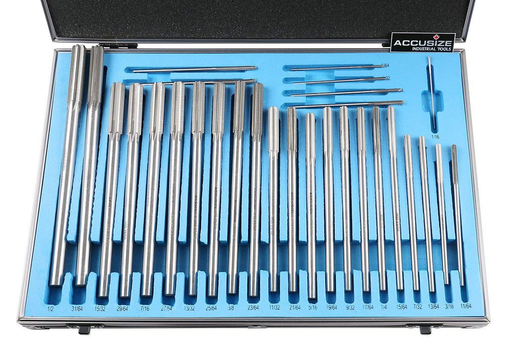 Accusize Chucking Reamer Set, 1/16" to 1/2" by 1/64", 29 Pc